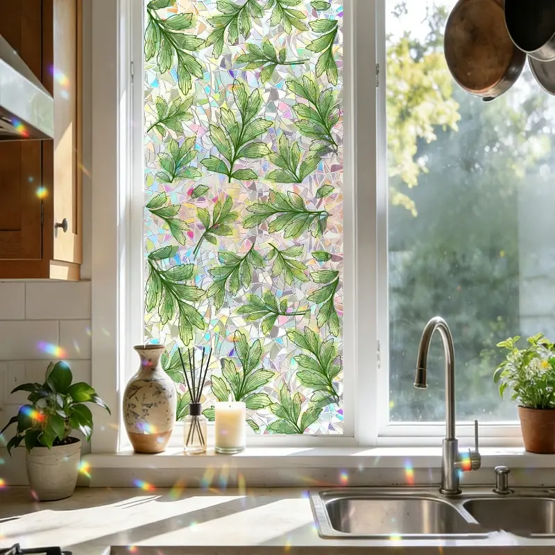 Stained Glass Window Film Green Leaf Mosaic Static Cling Privacy Window Decals For Glass Windows Stickers No Glue Removable UV Block Decorative Glass Film For Bathroom Bedroom Home Decor