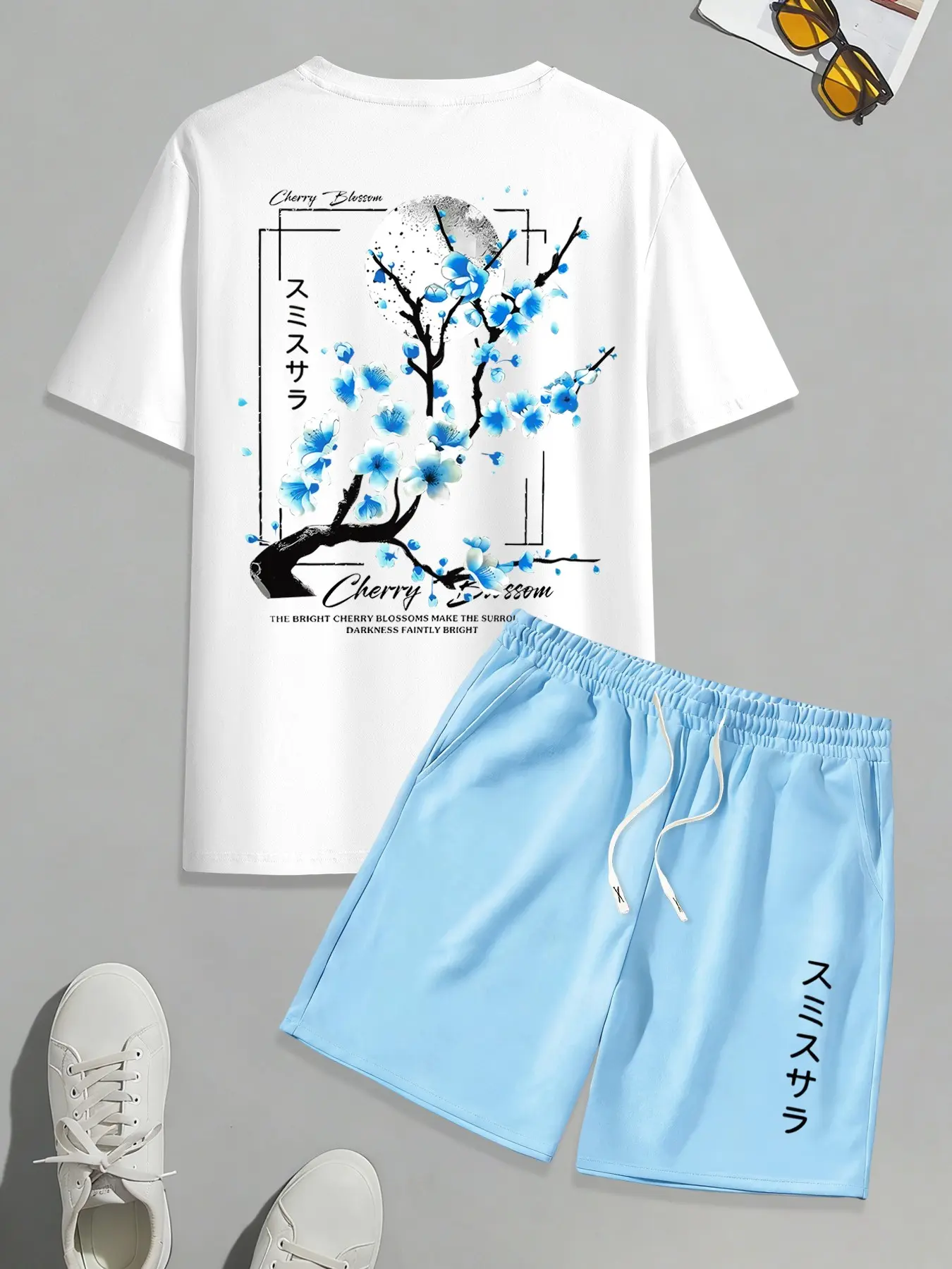 Men's Menswear Summer Classic Bestseller Japanese Style Plum Floral Pattern Print Round Neck T-Shirt + Outdoor Sports Casual Drawstring Shorts Set, Perfect for Daily Wear