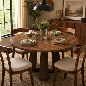 47" Round Dining Table for 4-6, Engineered Wood Tabletop with Solid Wooden Base, Adjustable Leveling Feet for Stability, Kitchen Table for Dining Room Living Room Breakfast  ﻿