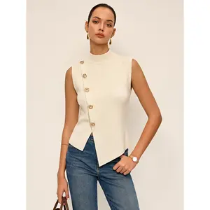 Asymmetric Button Sleeveless Knit Top
