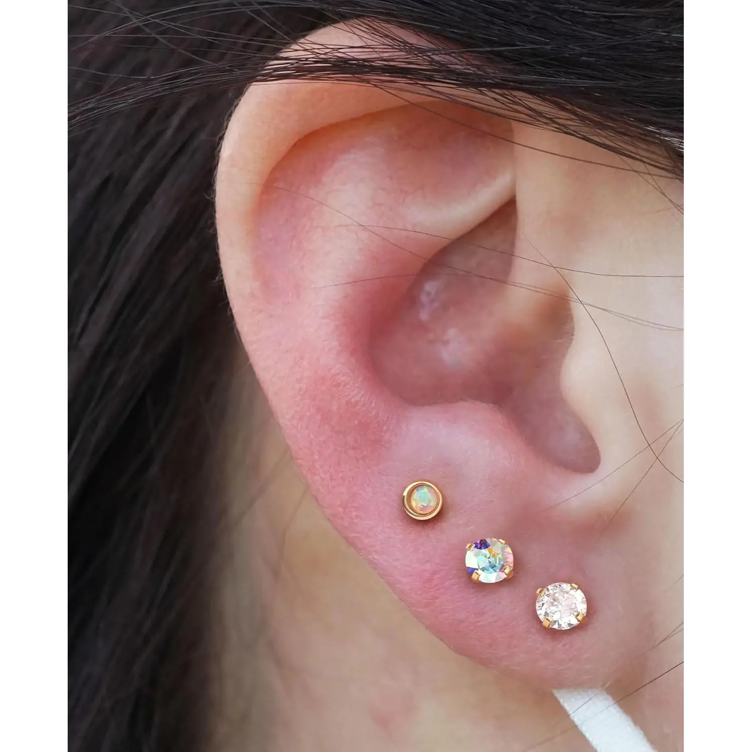 Krfy 3 Pairs Flat Back Stud Earrings for Women, Gold Plated Stainless Steel Set with CZ & Opal for Ear Stacking, 20G Hypoallergenic Cartilage Jewelry for Everyday Wear, Earrings Hypoallergenic, Threadless Earrings