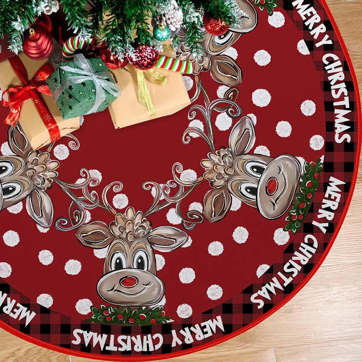 Polyester Christmas Tree Skirt with Reindeer and Snowflake Pattern, Classic Plaid Border, Drawstring Closure, Holiday Decor