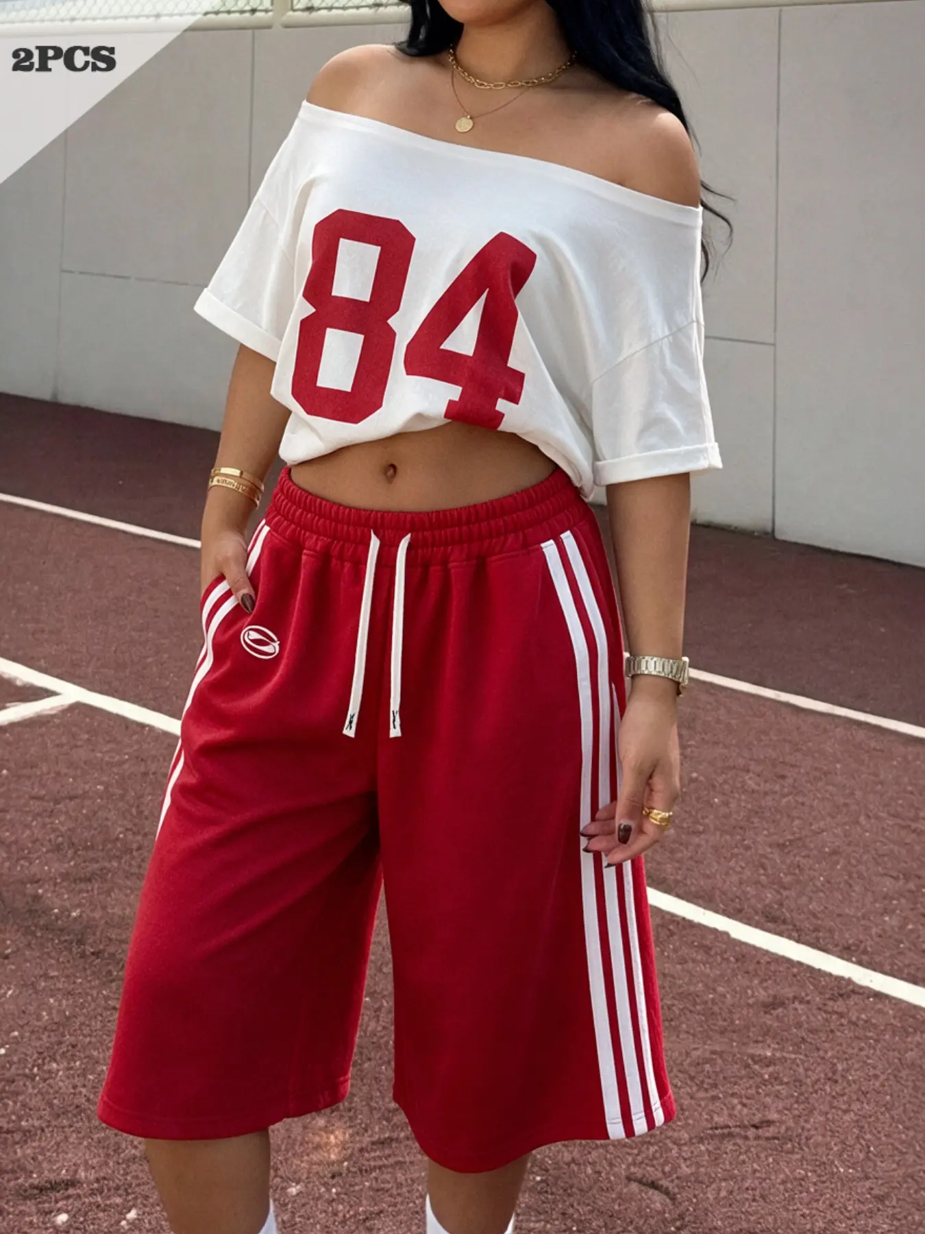 2-Piece Y2K Set, 84 Number Print Off-Shoulder T-Shirt, Striped Loose Gym Shorts, Casual Streetwear for Women