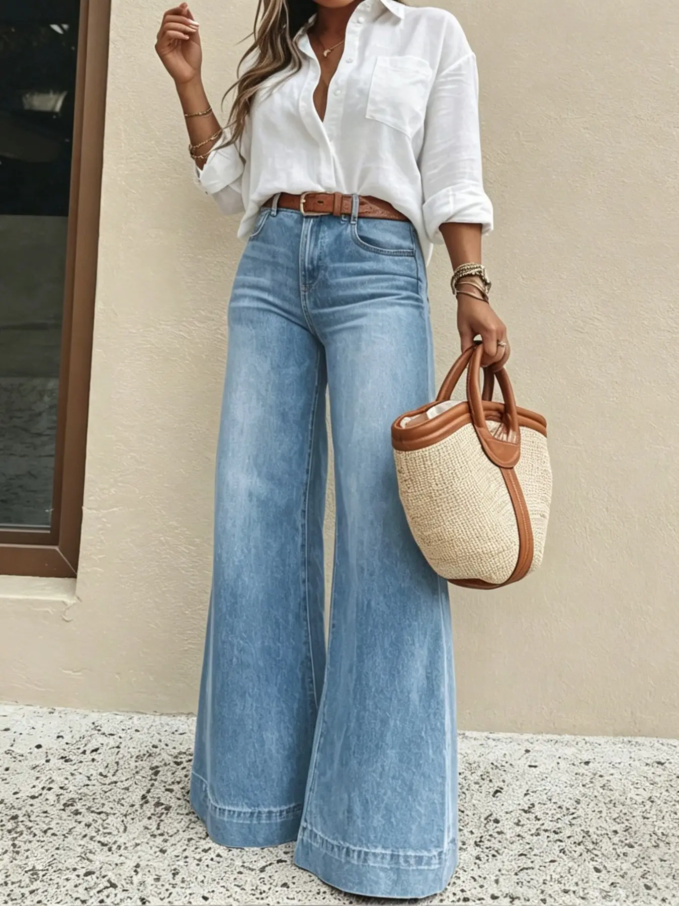 Women's Elastic High-Waist Loose Baggy Jeans, Slimming Look, Solid Color, All-Season, Comfortable & Versatile