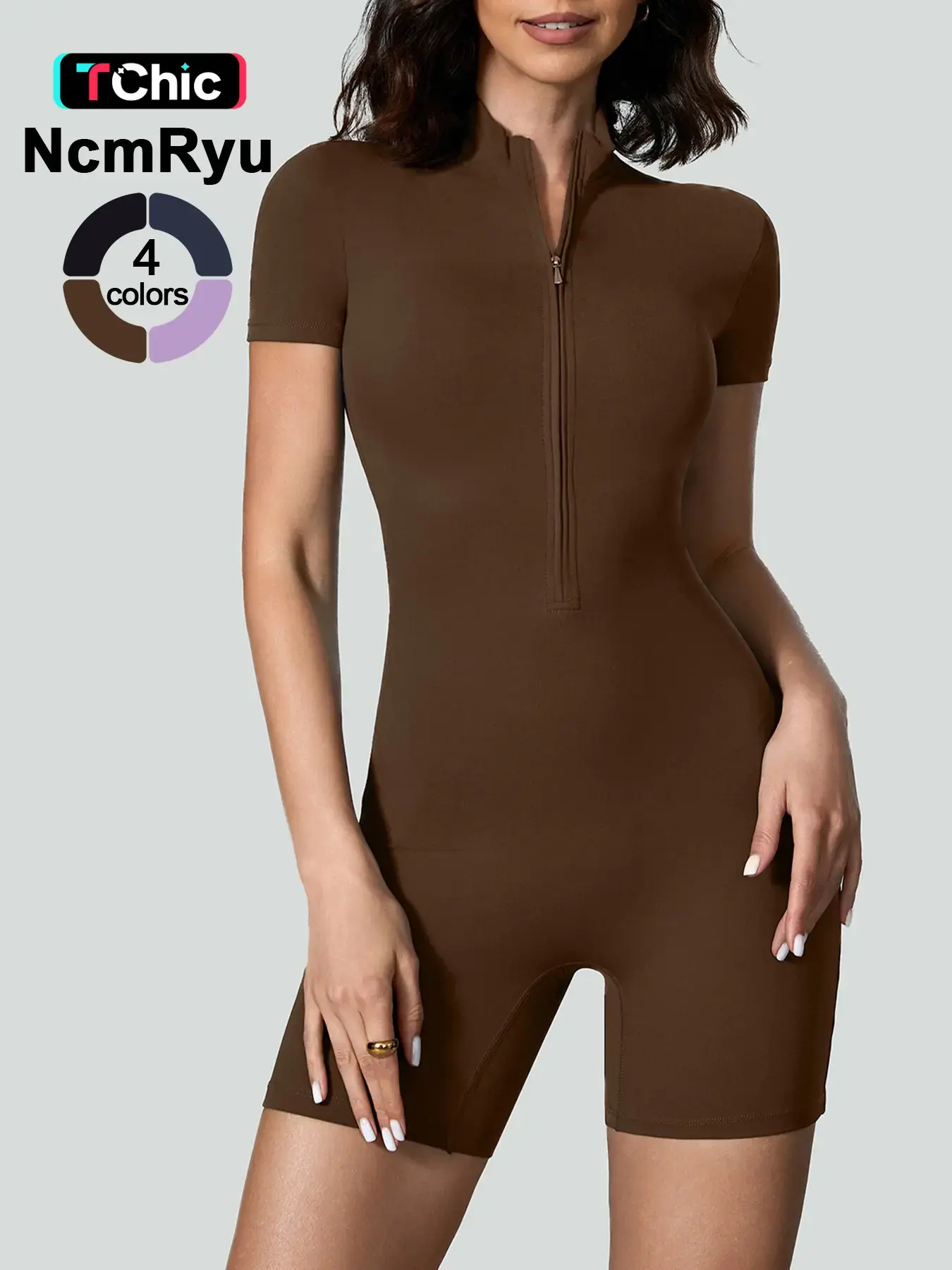 Fashion Zipper Yoga Activewear Athletic Jumpsuit Short Playsuit Women Romper Short Sleeve Gym Fitness Overalls One Piece Sports Suit Unitard Zip Up Romper Stretchy Sports Outfit