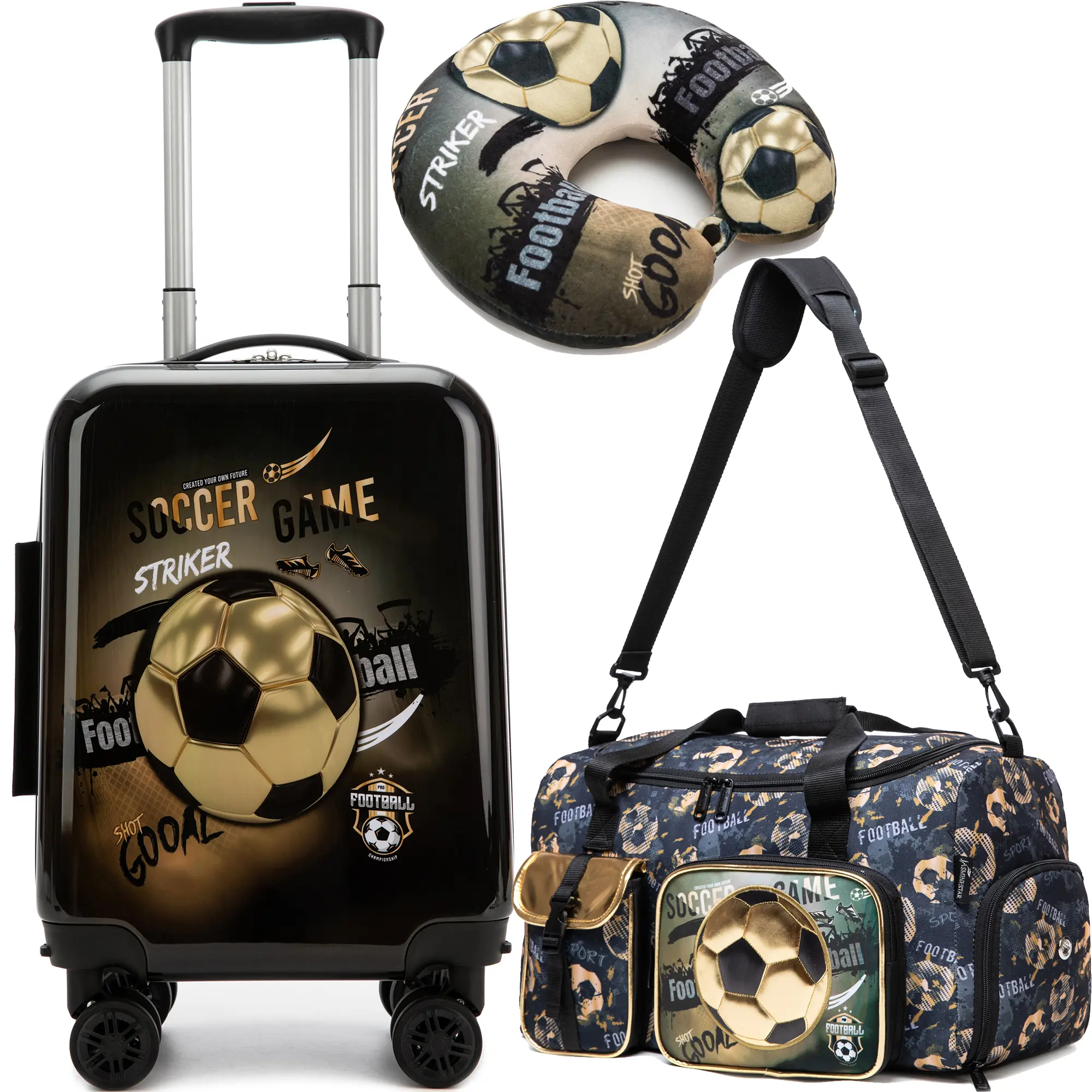 Boys' 3-Piece Hardside Spinner Luggage Travel Set - ABS Plastic, Cartoon Soccer Fun Graphics Carry-On, Duffle Bag & Neck Pillow 2026 Travel Gear