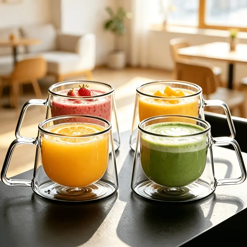 4pcs Double-Wall Heat-Resistant Glass Coffee Cups, Suitable for Lattes and Cappuccinos - Hand Wash Only, Reusable, for Use in Cafes, Restaurants, and Homes, Wide-Mouth Glass Coffee Cups with Handles, Double-Lined Glass Cups, Transparent Glass Cups