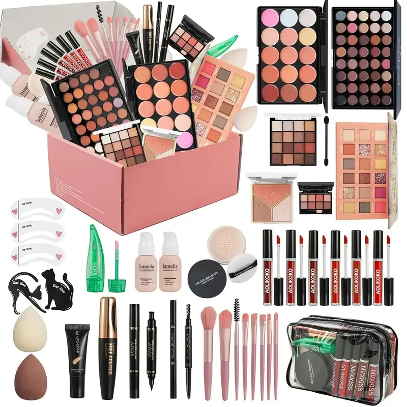 Women's Portable Aluminum Cosmetic Case Complete Makeup Kit - Eyeshadow Palette, Foundation, Lipstick, Brushes, Powder, Gel, Sponges, Makeup Primer - Sports & Outdoor Fan Shop Gaming Gift for Friends