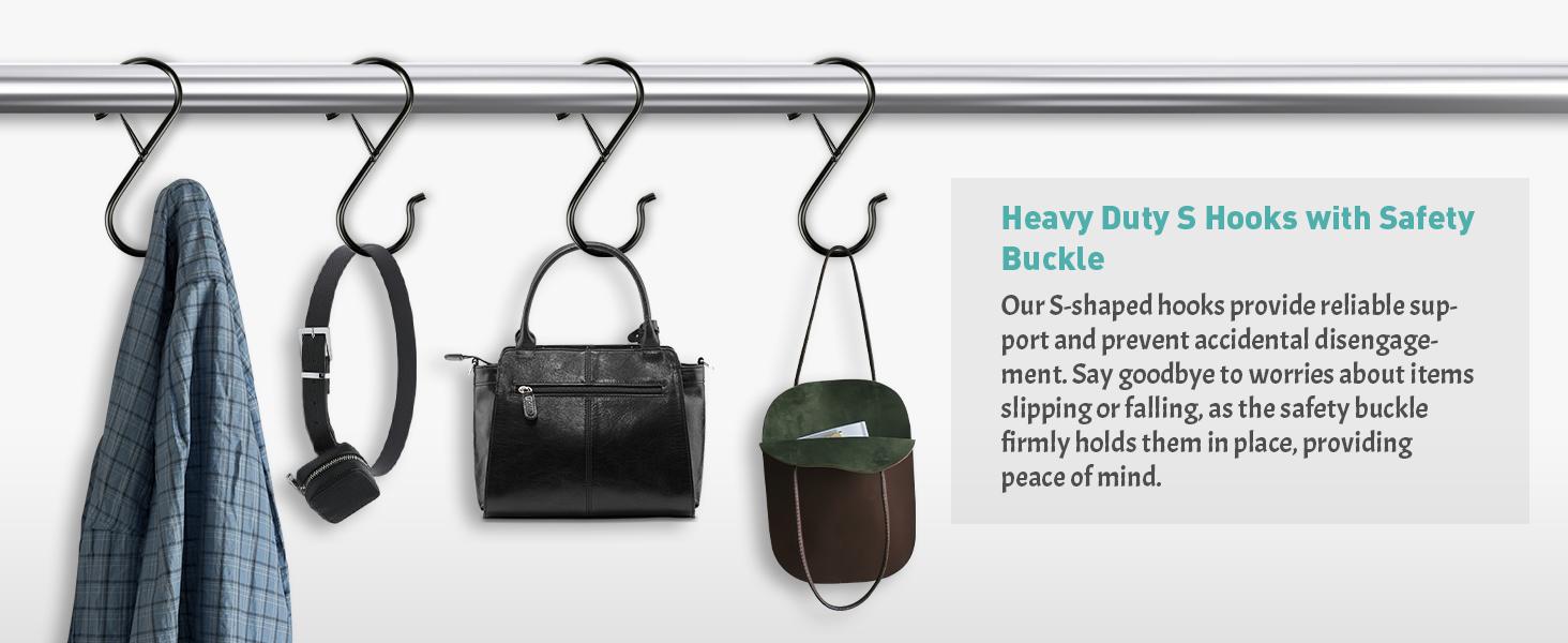 12 Pcs S Hooks for Hanging Heavy Duty, 3.5-inch Heavy Duty Metal S Hook with Safety Buckle, Suitable for 0.5 inch Rods, S Hook for Hanging Plants, Closet, Kitchen Utensil, Pot, Pan, Bags