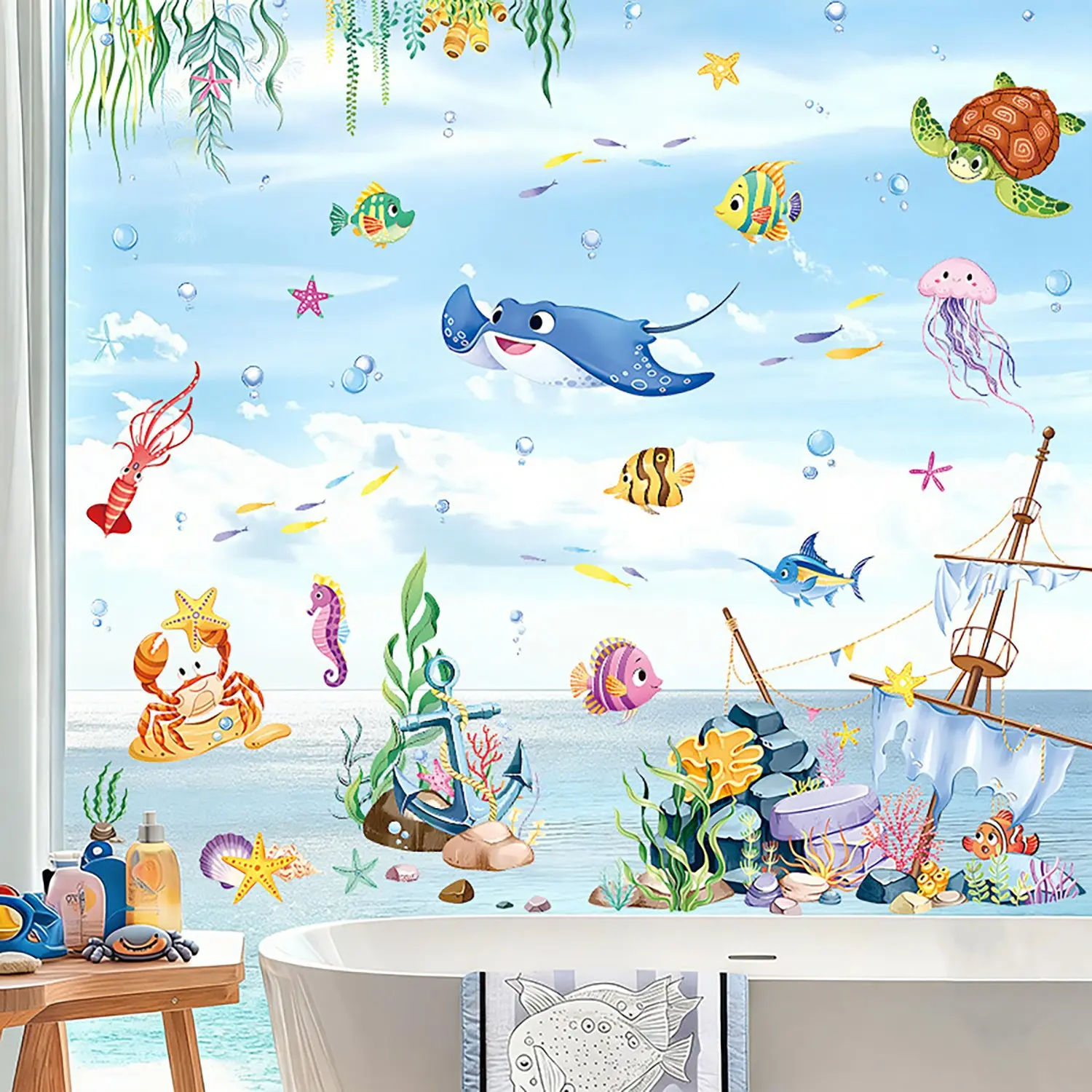 DIY Cute Under The Sea Wall Decals - Cartoon Ocean Animals Turtle Fish Peel and Stick Wall Stickers for Bedroom Bathroom Playroom Wall Art Decor