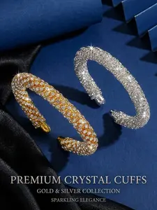 Adjustable Rhinestone Bracelet, Bridal Multi-Row Sparkling Bangle, Elegant C-Shaped Adjustable Jewelry, Silver Color &