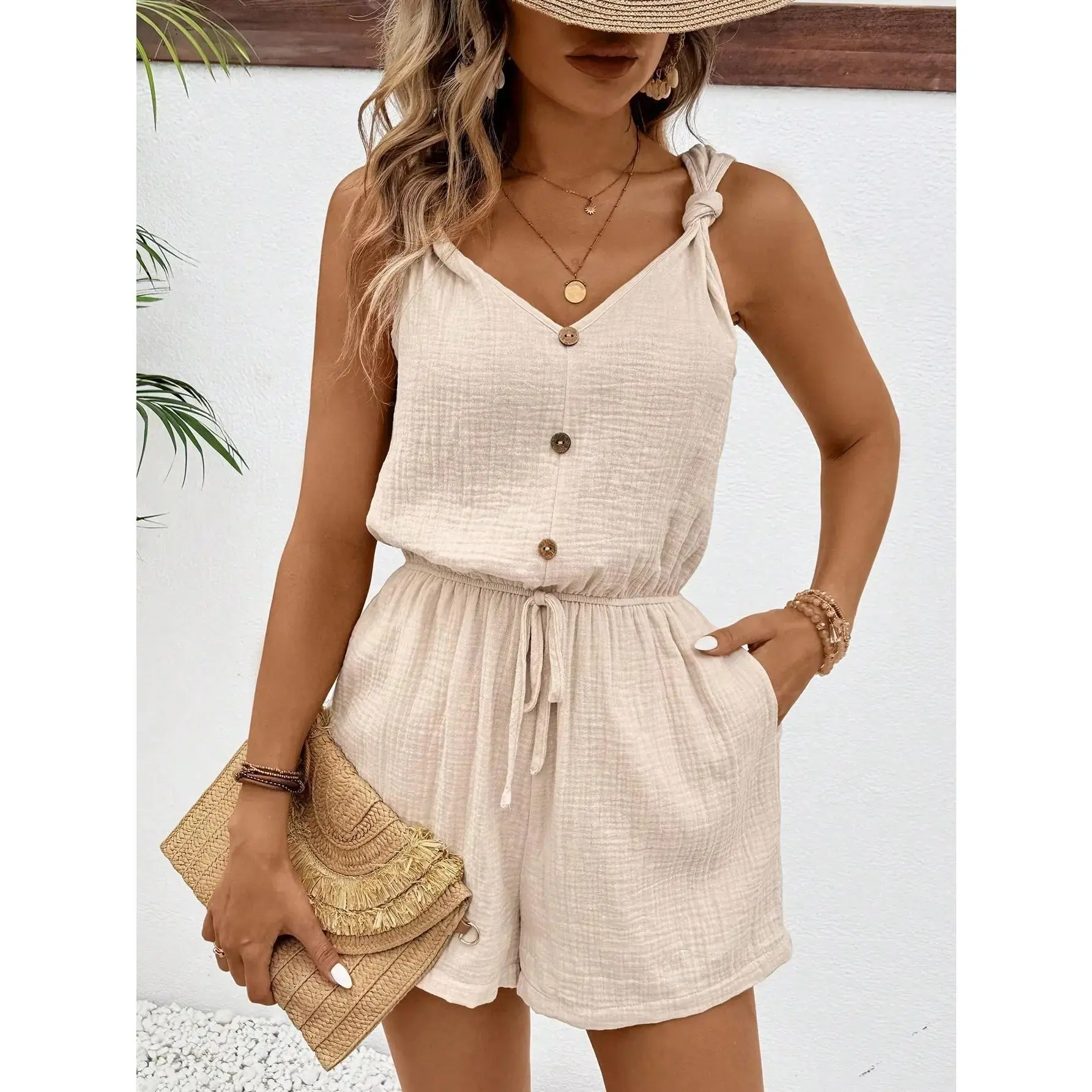 Women Texture Button Decor Elastic Waistband Summer Simple Casual Jumpsuit Shorts Women Rompers Khaki Shorts Women Linen Jumpsuit Comfy Jumpsuit
