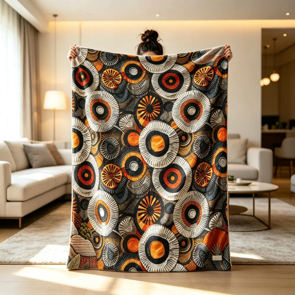 African-style abstract circular pattern blanket, striking geometric pattern blanket, modern tribal art style, comfortable blanket, suitable for super soft décor/sofa/bedroom use, is a great gift for children, family and friends.