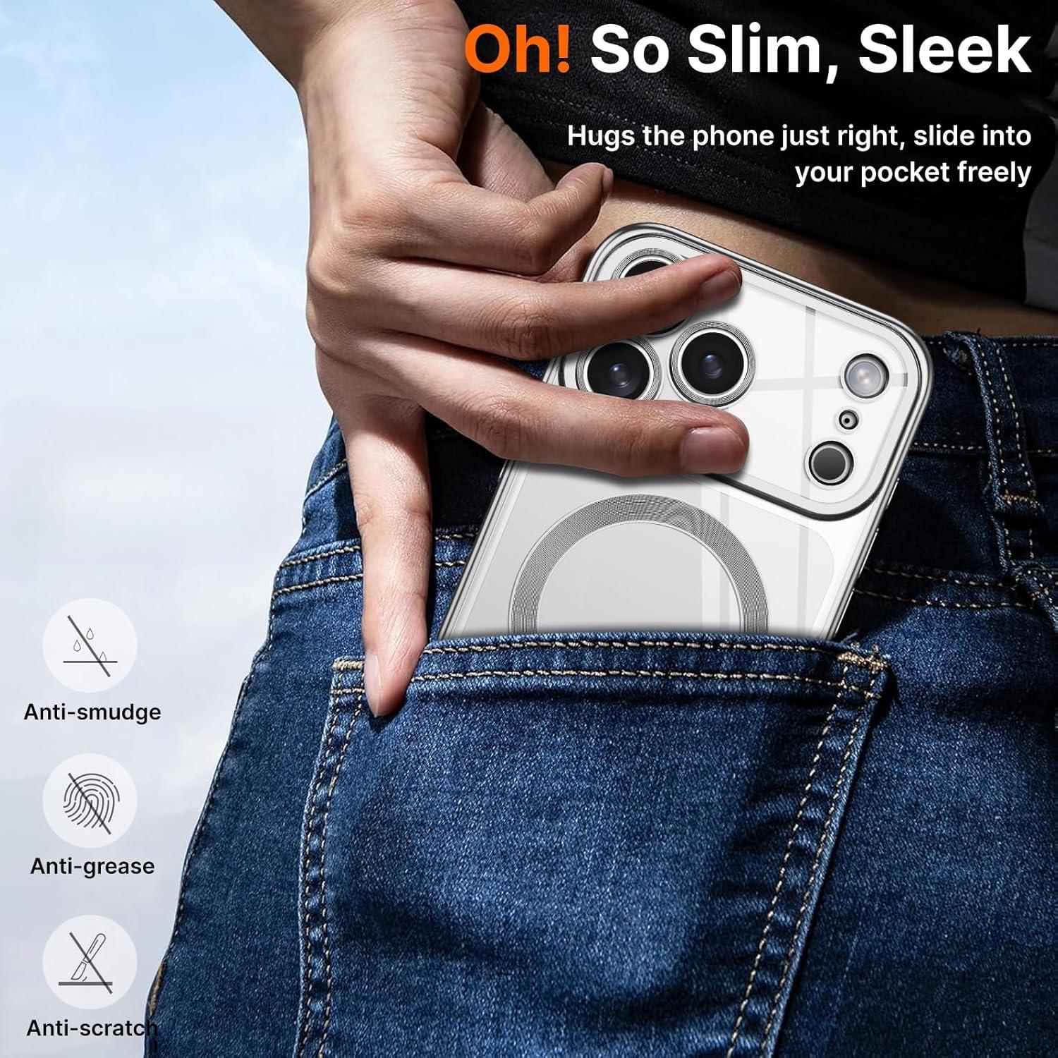 Luxury Magnetic Wireless Charge Plating Clear Phone Case for iPhone 17/16/15/14/13/12/11 Pro Max Plus Ultra-Compatible with Magsafe, Thin Soft TPU Shockproof Transparent Cover with Camera Lens Protector Film for iPhone 17 Pro Max