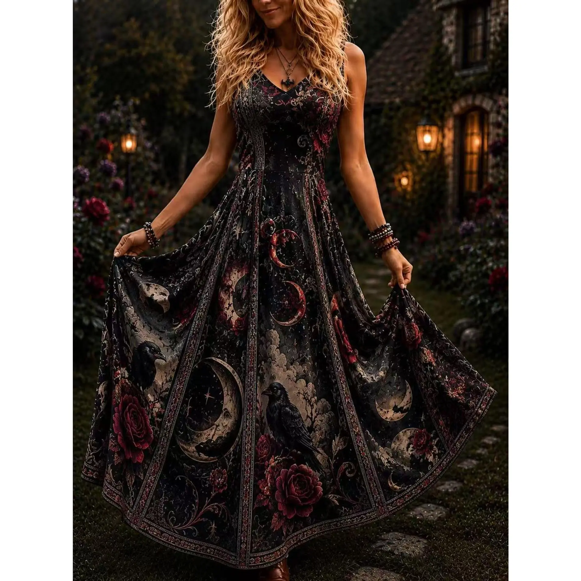Women's Dark Gothic Skull Bat Star Moon Suspender Long Dress - 2026 New, Polyester, V-Neck, Regular Fit, Gothic Theme, Machine Wash, Halloween Witch Atmosphere Casual Dress