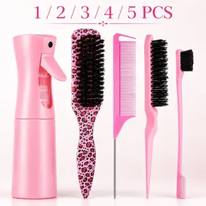 1/2/3/4/5Pcs Hair Styling Tools Set, Pink Detangler Brush, Rat Tail Comb, Teasing Brush, Edge Brush & Fine Mist Spray Bottle for Sectioning, Smoothing, Parting, Edge Styling, Salon Haircare for Women & Girls