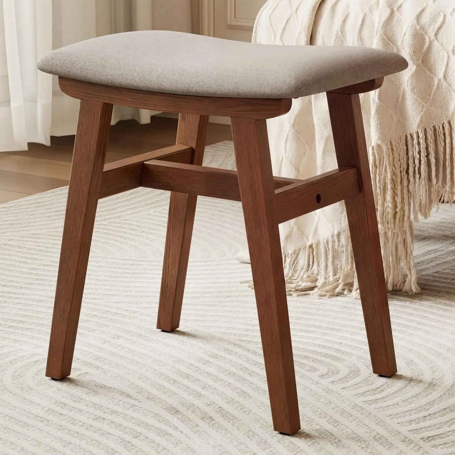 Solid Wood Small Vanity Stool Chair, Makeup Stools for Vanity Desk, Bathroom Vanity Chair, Padded Foot Stool for Living Room, Ottoman Foot Rest for Couch, Small Bench for Entryway, Walnut