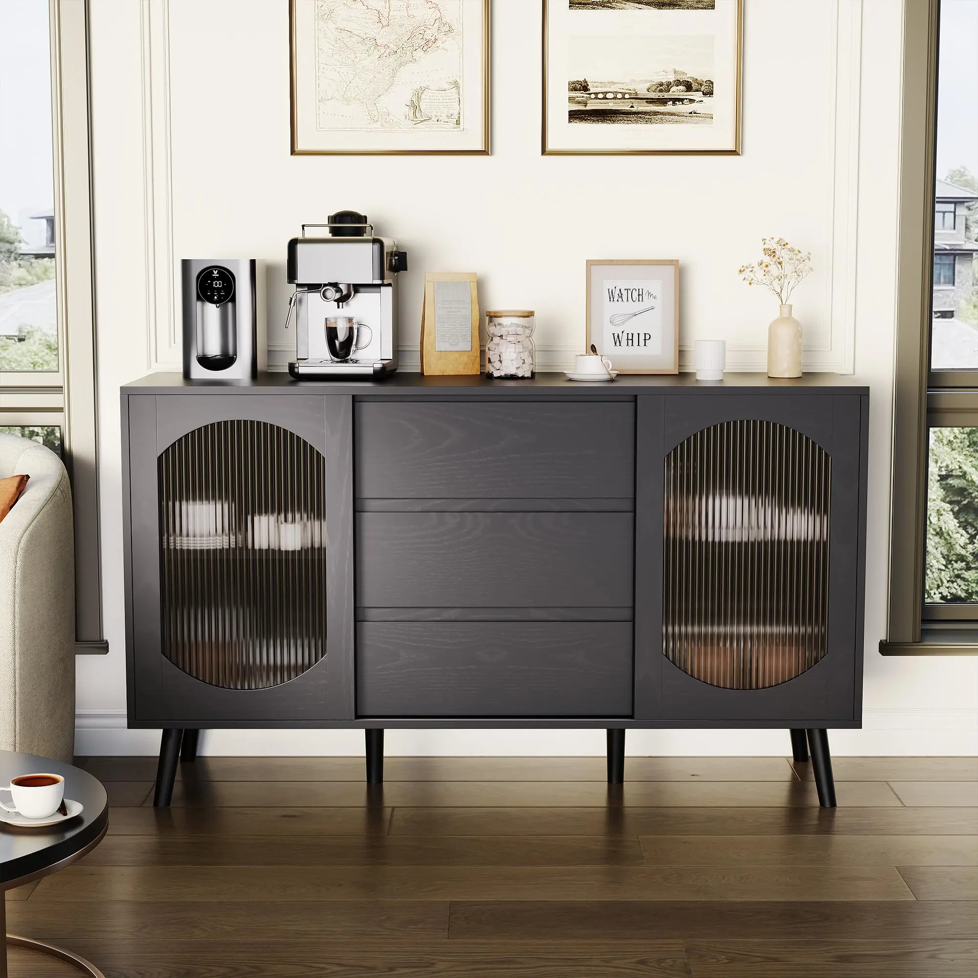 🖤 Garvee Black Sideboard Cabinet with Fluted Glass Doors & Drawers – Modern Buffet Storage for Kitchen, Dining Room & Living Room! ✨