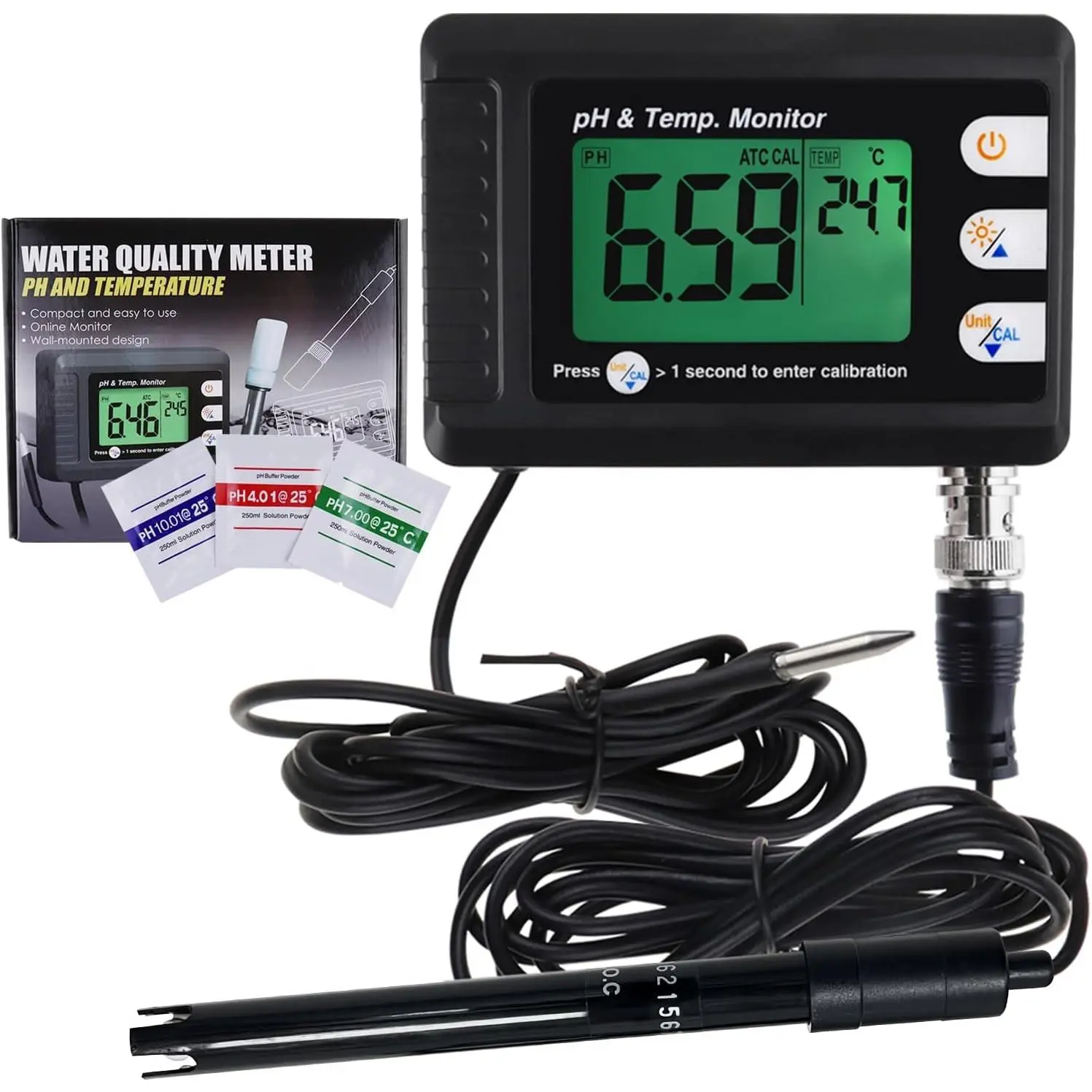 2 in 1 Temperature pH Monitor Meter Tester Sensor Test Kit 0~14.0 pH Automatic Buffer Recognition BNC Electrode Probe for Hydroponics Aquarium Lab Food Drinking Water Saltwater Seawater Testing