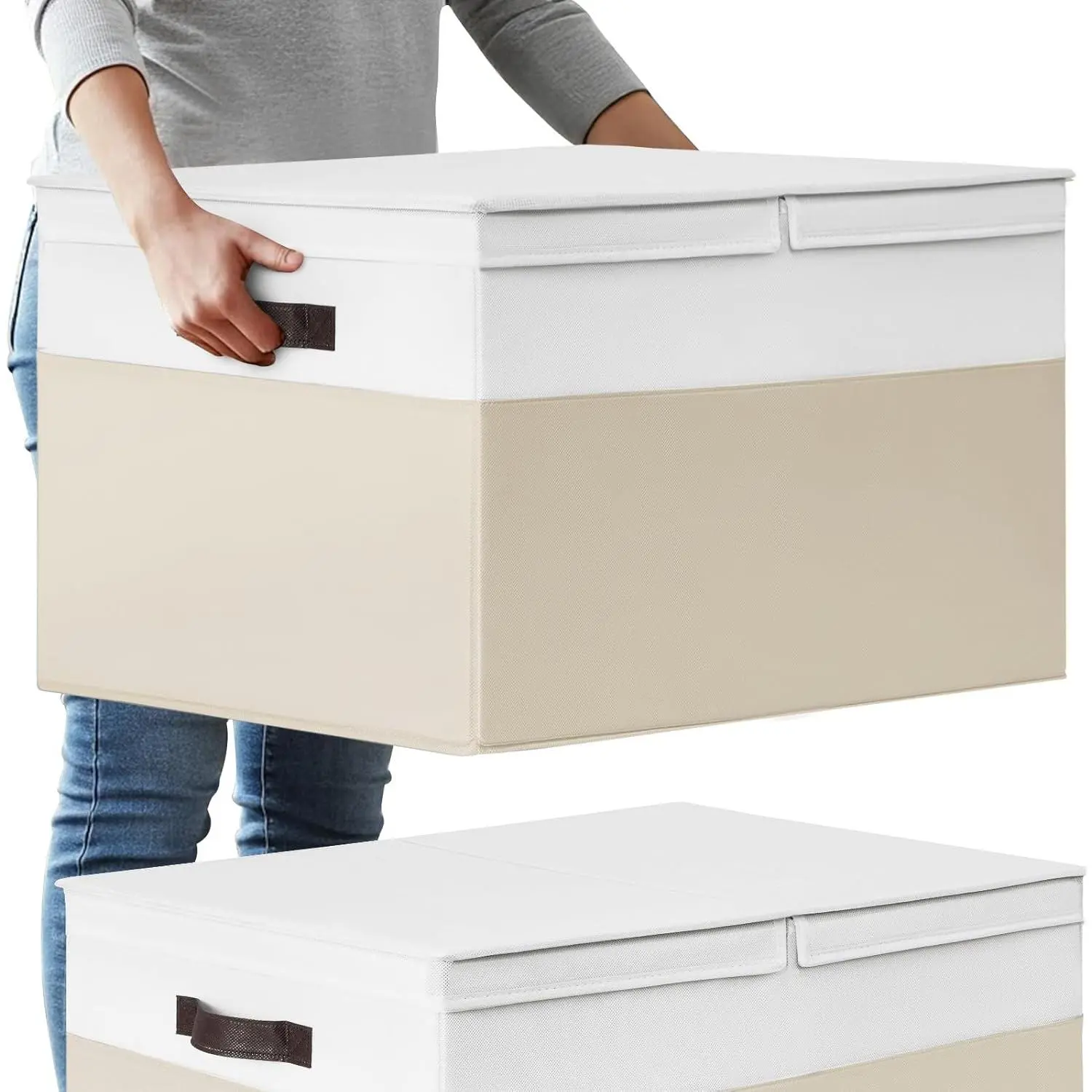2 Pack EXTRA LARGE Blanket Storage Baskets with Lids, 22”x16”x12” Closet Organizers Bins for Clothes Towel/ Toy Storage Box with Lid Handles/ Stackable Decorative Fabric Bins for Living Room, Nursery