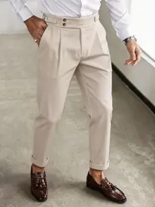 Men's High-Waisted Pleated Suit Pants, Side Button Adjustable Conical Trousers, Comfortable Wrinkle-Resistant, Business Casual Formal Wear Long Pants, Menswear