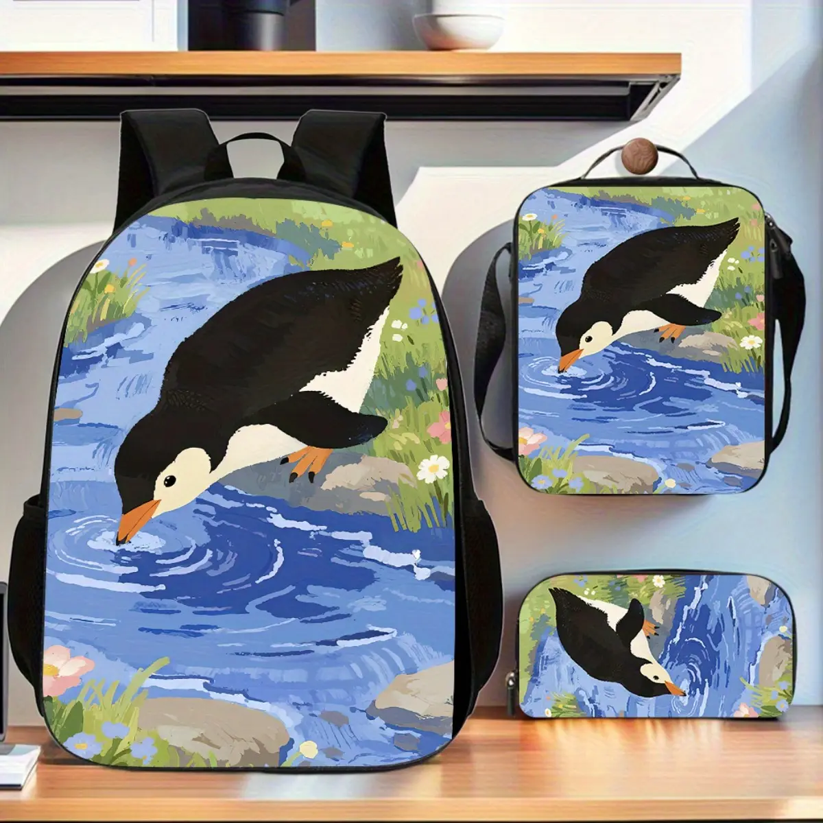 Penguin Presents This Fashionable 3pcs Backpack Set, Featuring a Spacious Book Bag, a Crossbody Bag, And a Pen Case, Ideal for Everyday Use And As Birthday Presents