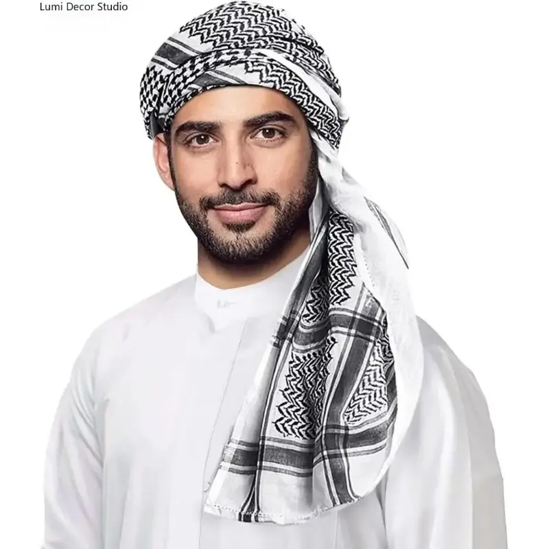 Traditional Arabic Shemagh Keffiyeh For Men, Checkered Cotton Headscarf, Lightweight Breathable Ethnic Scarf For Outdoor Adventures