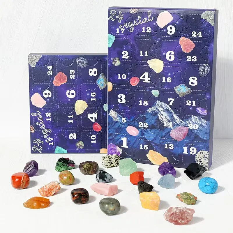 Crystal Christmas Countdown Calendar, 24-Day Natural Gemstone Mineral Rock Collection Set, Perfect Gift for Kids and Rock Collectors