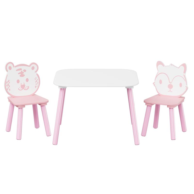 Kids Table and Chair Set, 3-Piece Wooden Toddler Desk with Animal Backrest, Activity Table for Drawing, Learning,Playroom or Nursery(Pink&White)