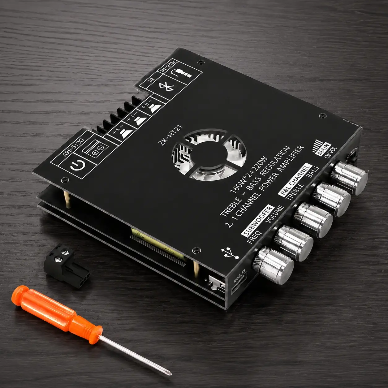 Upgrade Your Sound: ZK-HT21 Bluetooth 5.0 2.1 Channel Amp with TDA7498E Chip, 380W Peak Power, AUX/USB Input, Bass/Treble Knobs, Compatible with Subwoofer, Wide Voltage DC 15-36V for Home & Car Audio System.