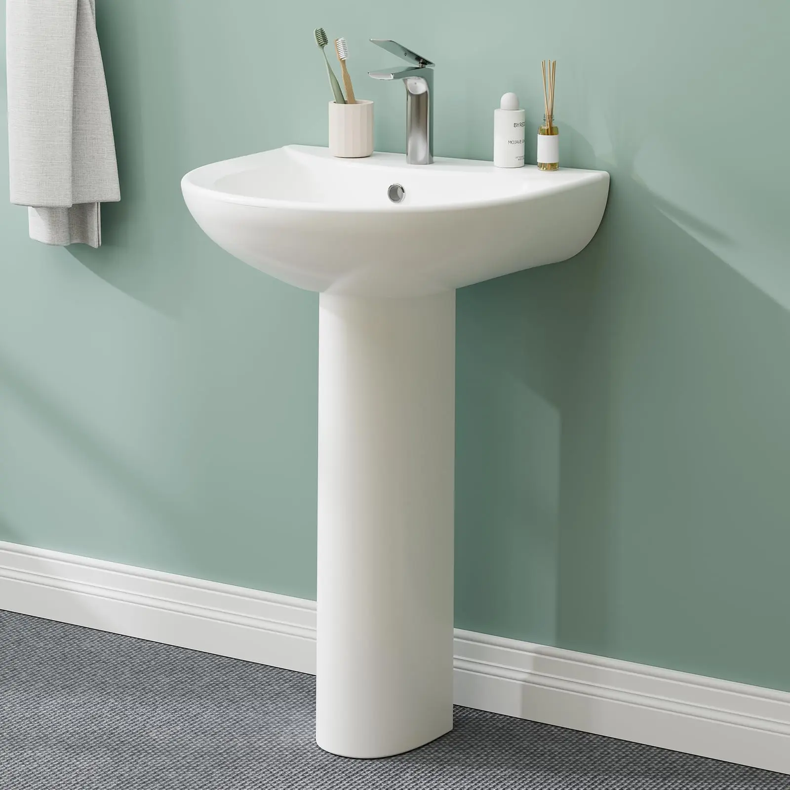 GARVEEModern Classic Design Pedestal Sink - 20" x 17" U-Shape White Ceramic Bathroom Sink with Overflow, Compact Pedestal Sink for Small Bathrooms and Powder Rooms