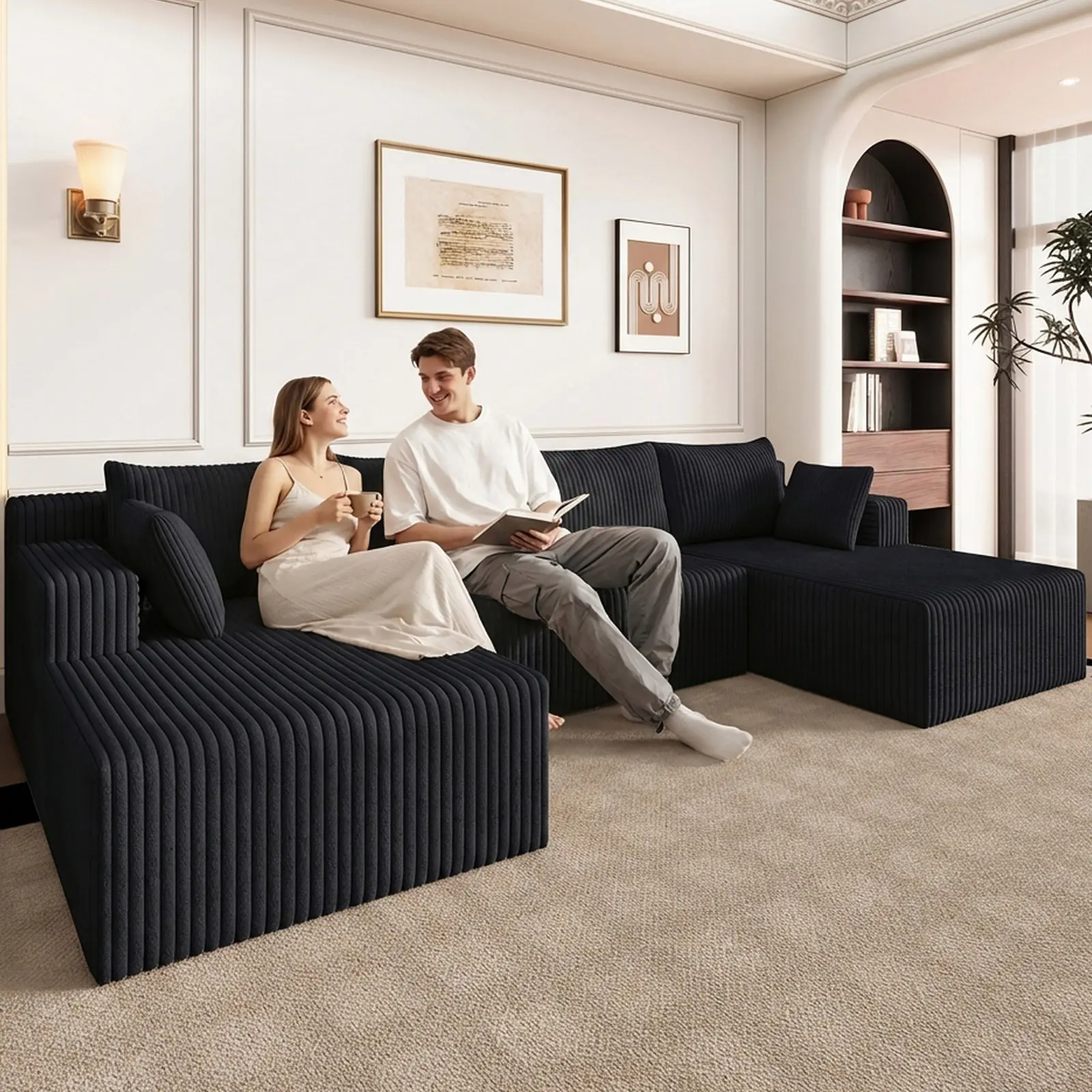 KAIA 124in U-Shaped Modular Sectional Sofa with Chaise Lounge, Fixed Arms, High-Density Foam & Soft Corduroy Upholstery, Sturdy No-Assembly Modern Living Room Furniture