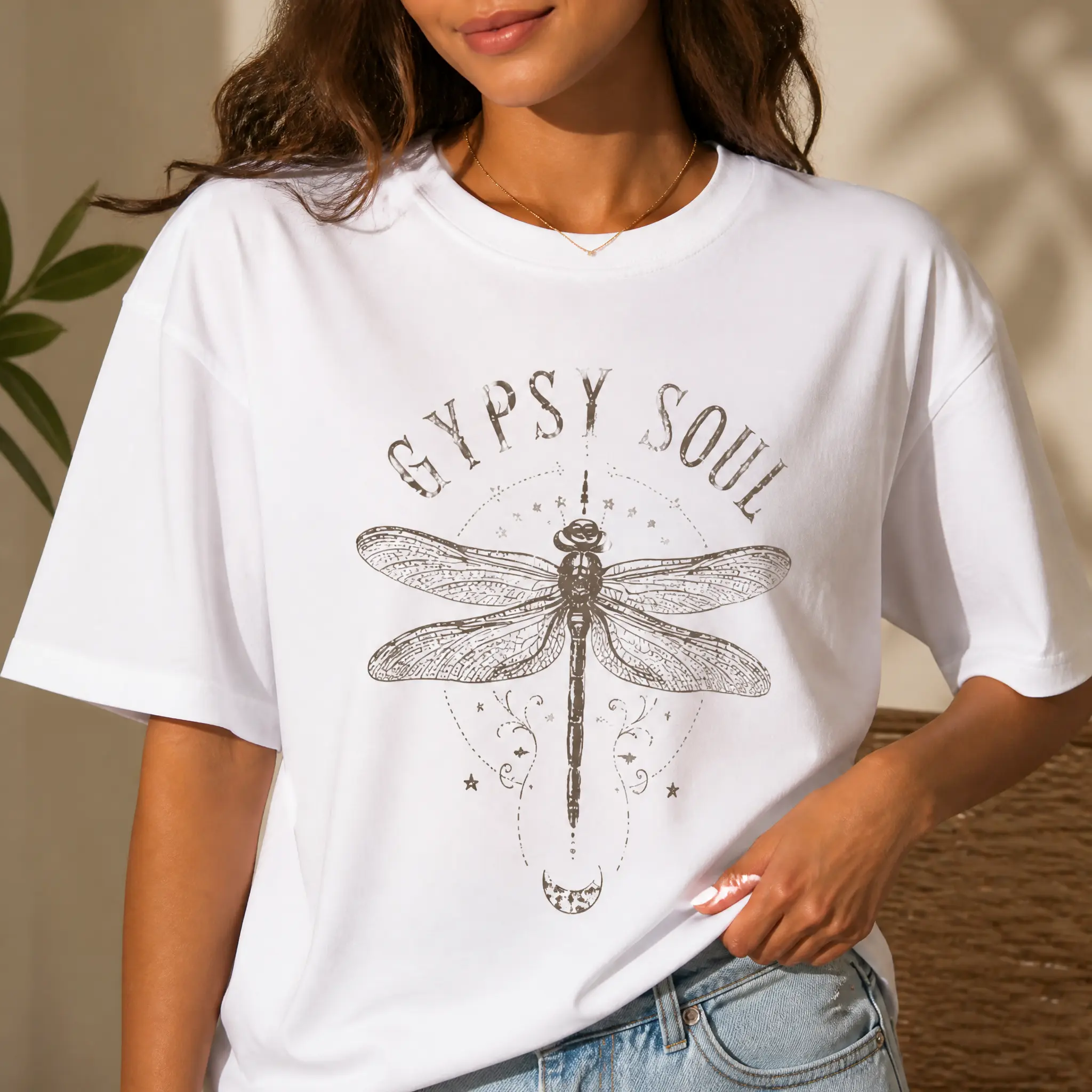 Women's Boho Dragonfly Graphic T-Shirt - Casual Essential Short-Sleeve Fashion Style Vintage Mystical Oversized Plus-Size Gypsy Soul Top, Shortsleeve, All Seasons, Basic, Chic, Cotton, Crew Neck, Do Not Iron, Loose-Fitting, Minimalist, Cargo, Tee