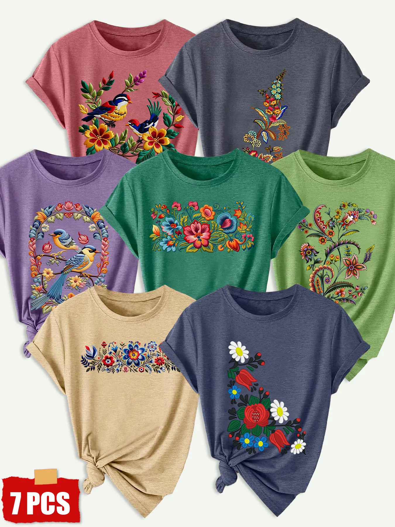7Pcs Women Crew Neck T-shirt, Ethnic Colorful Bird Flower Retro Oil Painting Print, Soft Girly Spring Summer Daily Top Suit
