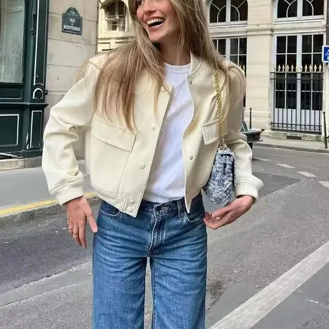 Bomb Jacket Women's Plain Pocket Button Front Stand Collar Jacket, Casual Drop Shoulder Long Sleeve Outerwear For Fall & Winter, Ladies Clothes for Daily Wear, Womenswear