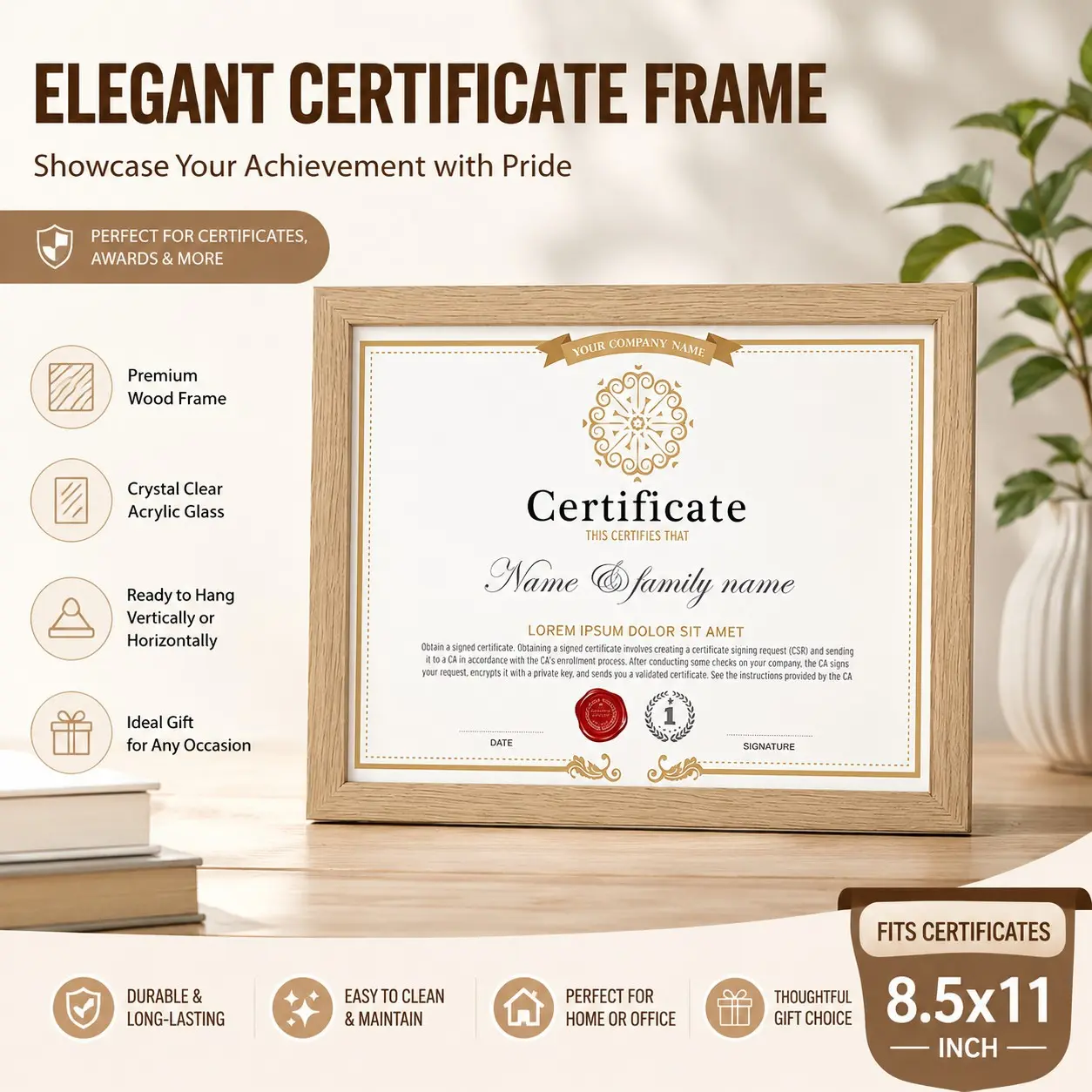 Certificate Frame with High Definition Plexiglass, 8.5 by 11 Picture Diploma Document Frames for Wall and Tabletop, Black&Wood, Desktop Wall Mount Certificate Holder, Perfect for Graduation Photos, Ideal Gift for Graduates, Home Decor