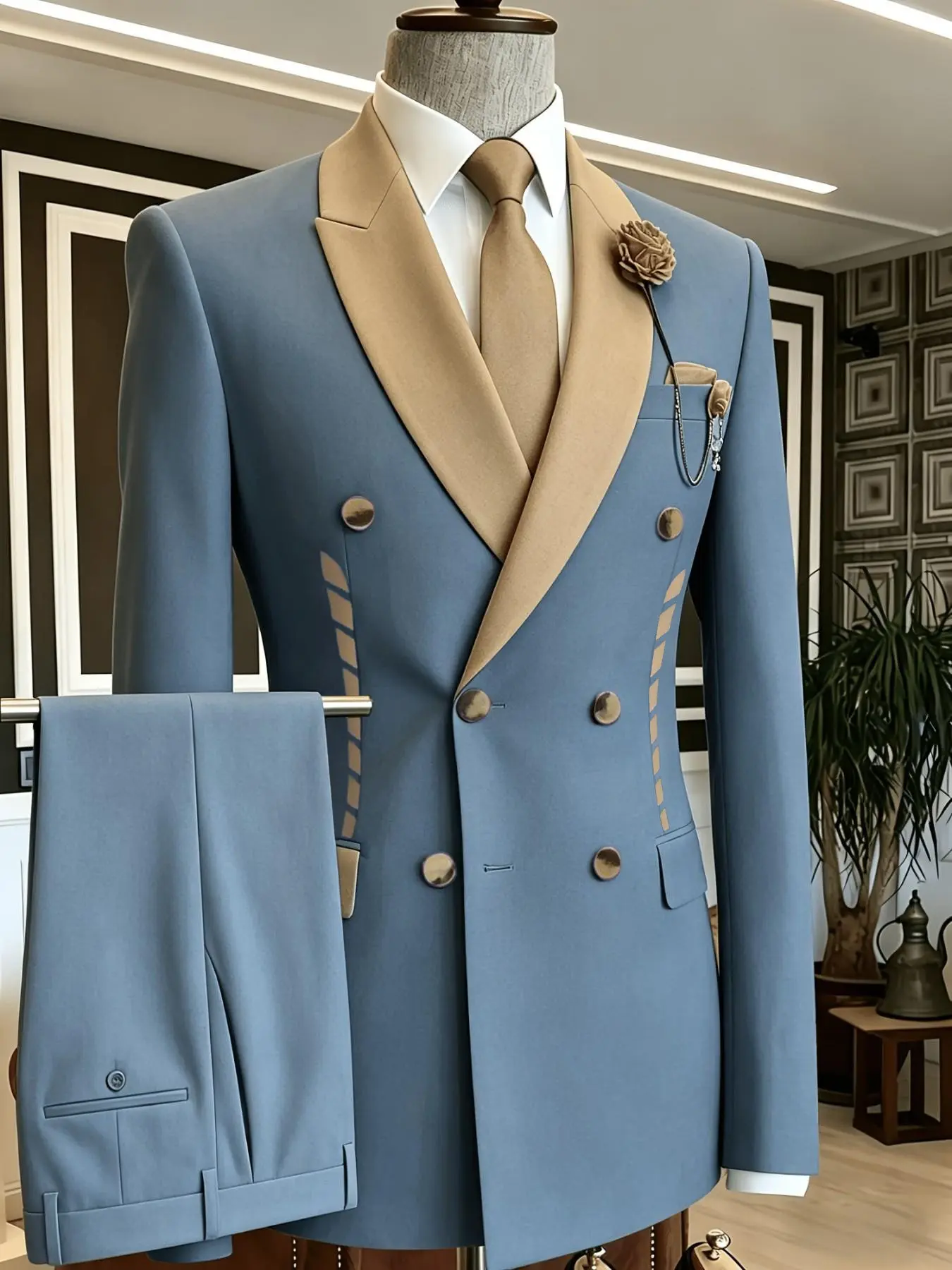Ainwear 2 Piece Men's Blue Suit, Double Breasted Blazer Jacket & Light Blue Pants, Formal Wedding Prom Party Tuxedo
