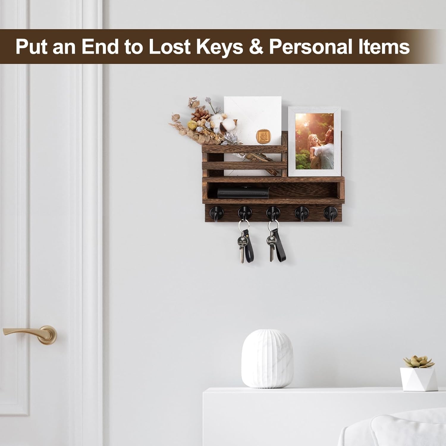 Key and Mail Holder Wall Mount, Key Hanger with Long Storage Box and 5 Hooks for Coat,  Leash,  Decor Rack, House Accessories, Entry Way Organizer 11.8W x 7.8H x 3.2D