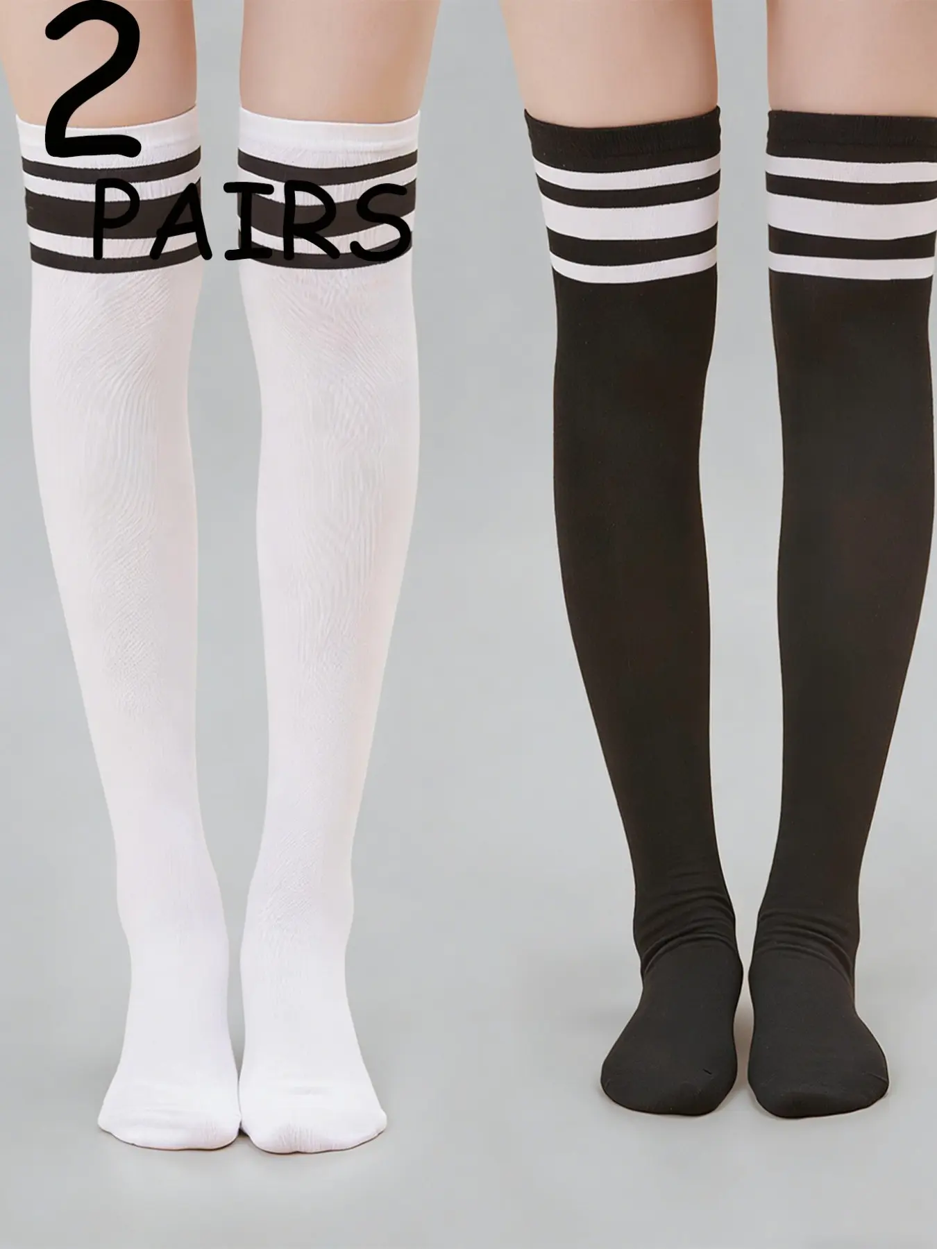 2 Pairs Thigh High Socks for Women Girls Striped Over the Knee Socks Stretchy Long Socks for School Cheerleader Uniform Cosplay Costume