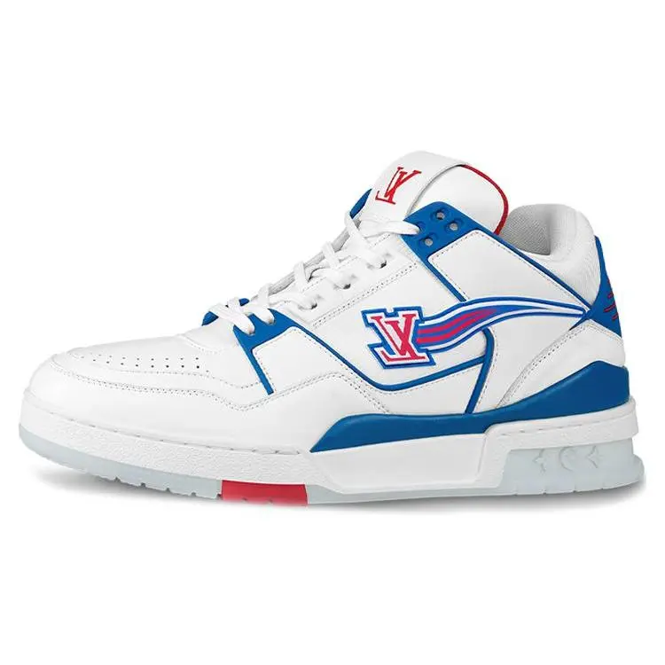 Louis Vuitton Tricolor Leather Sneakers for Men – Iconic Monogram Design, White-Blue-Red Colorway Verifiable, with credentials and supporting global authentication