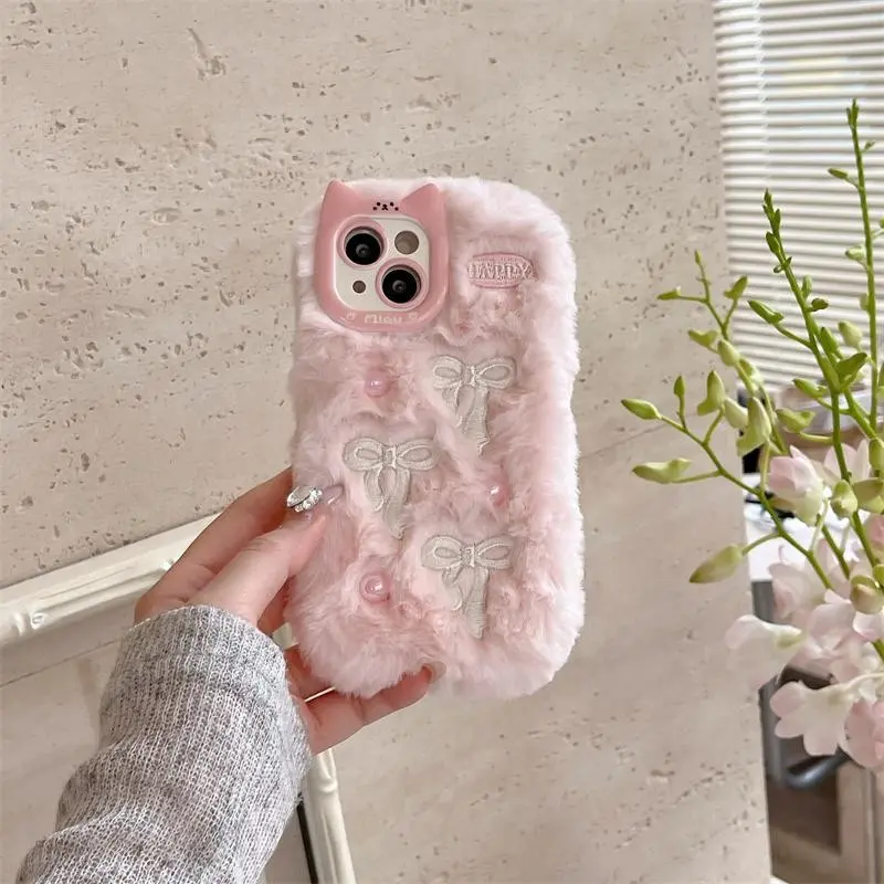 Cute Cat Ear Design Plush Phone Case Casing (1 Count), 3D Embroidery Bow Ribbon Phone Protective Cover with Protection, Smartphone Cellphone Accessories Protector Protective Shell Compatible with iPhone 16 15 14 13 12 11 Plus/Pro/Pro Max