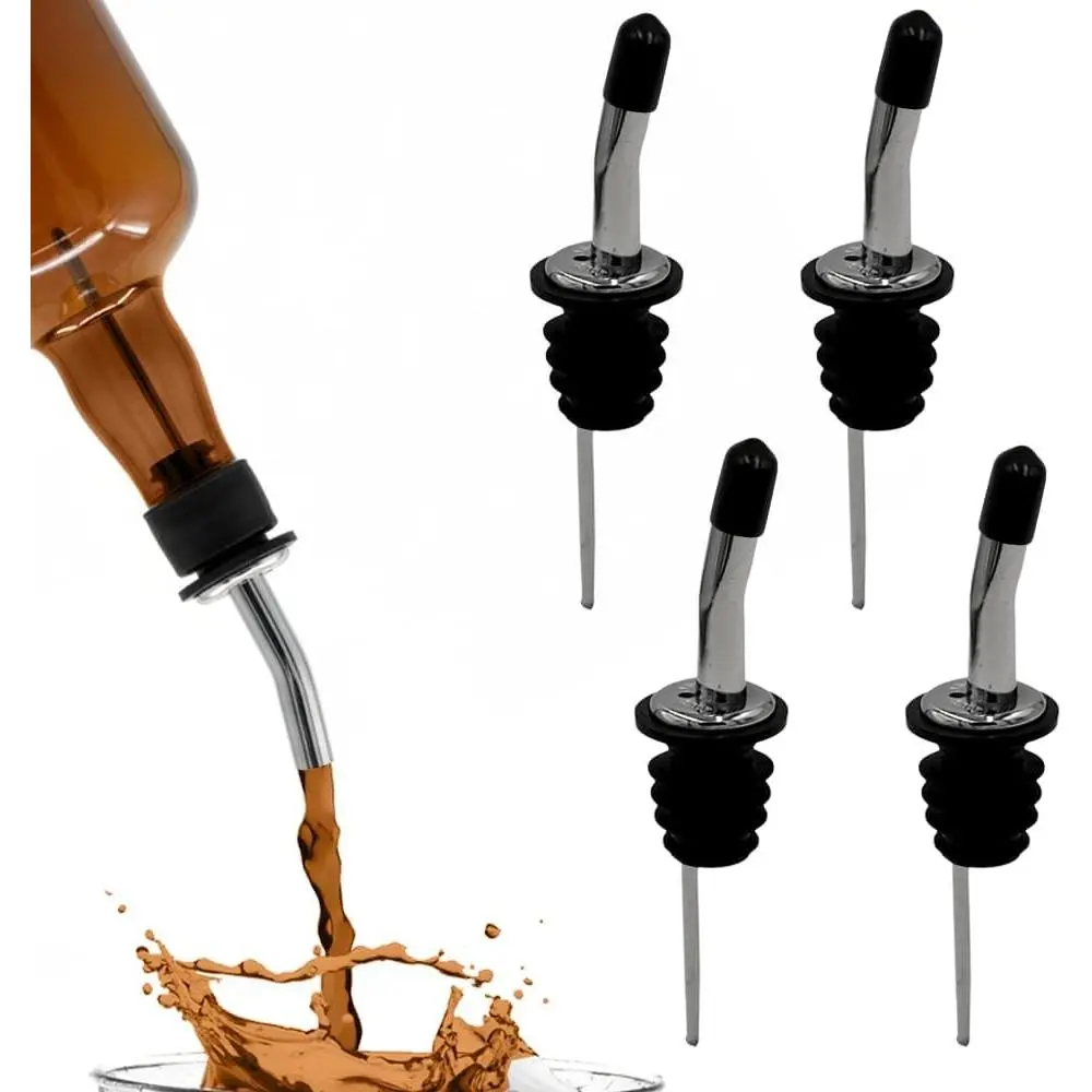 USA-Made Kitchen Flexible Plastic Liquor Pour Spouts with Dust Covers, 4-Pack, Free Flow for Accurate Drink Shots, Leakproof, No-Drip Flow Control for Whiskey Vodka Tequila, Home & Bartender Use
