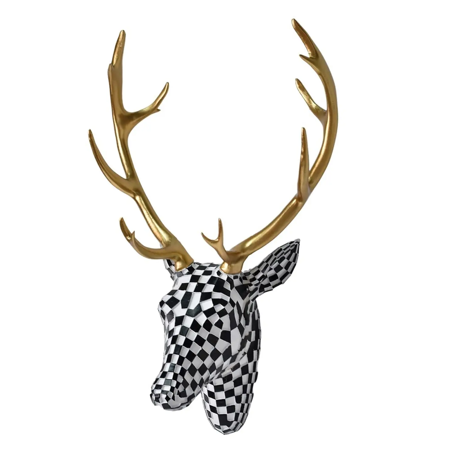 Mosaic Checkered Deer Head Wall Mount, Resin Animal Head Statue, Geometric Grid Antler Wall Hanging, Modern Luxury Faux Taxidermy Sculpture, Resin Hanging Ornament, Decorative Wall Decor