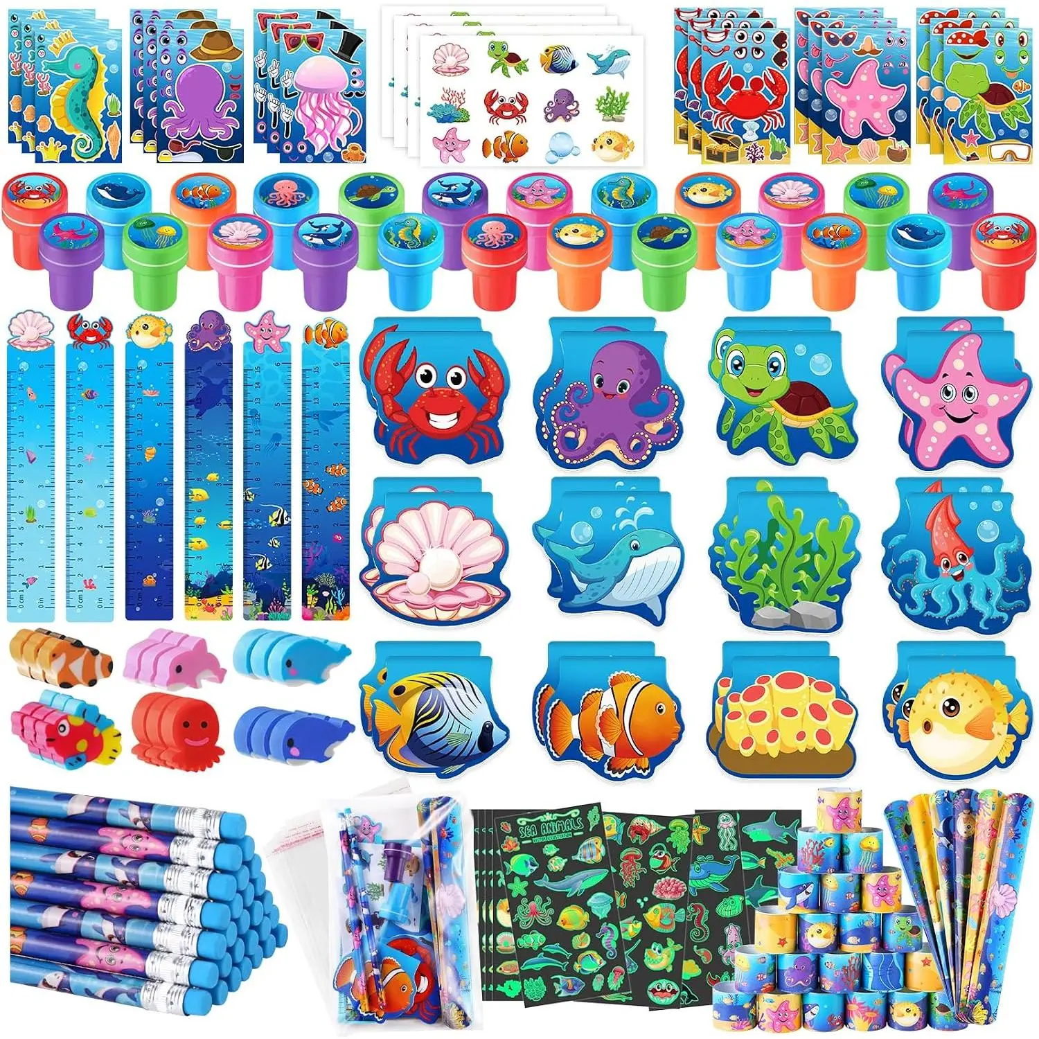 120 Pack Ocean Animal Stationery Set for Kids, Under the Sea Party Favors, Goodie Bag Stuffers, Mermaid Birthday Party Supplies, Classroom Gifts, Pinata Fillers, School Prize Toys for Boys Girls