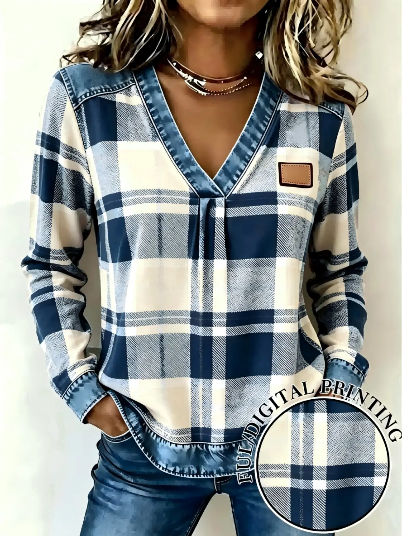 Women's Denim-Effect Print V-Neck Long-Sleeve Top for Spring and Fall, Color-Block Plaid Pattern, Casual Clothes
