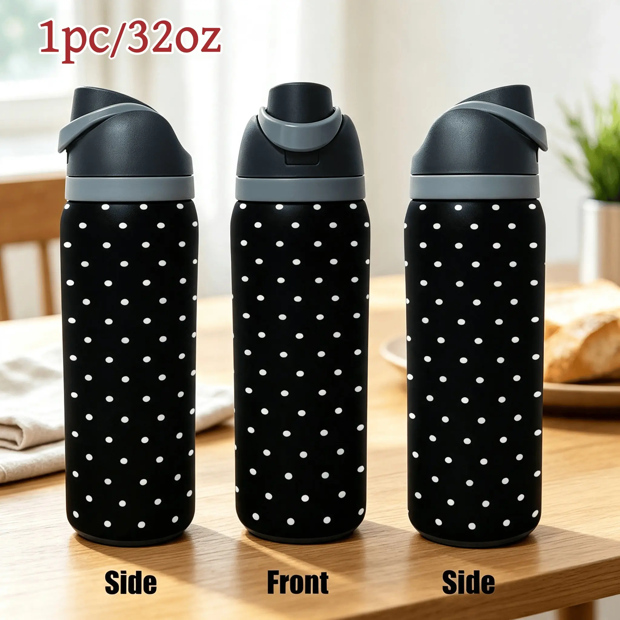 1pc 32oz Stainless Steel Insulated Water Bottle, Black White Polka, Flip‑Top Carry Handle Sip Lid, Double Wall Vacuum Leakproof Thermal Cup, Keep Hot Cold, For Gym Sports Commute Travel, Daily Gift For Women