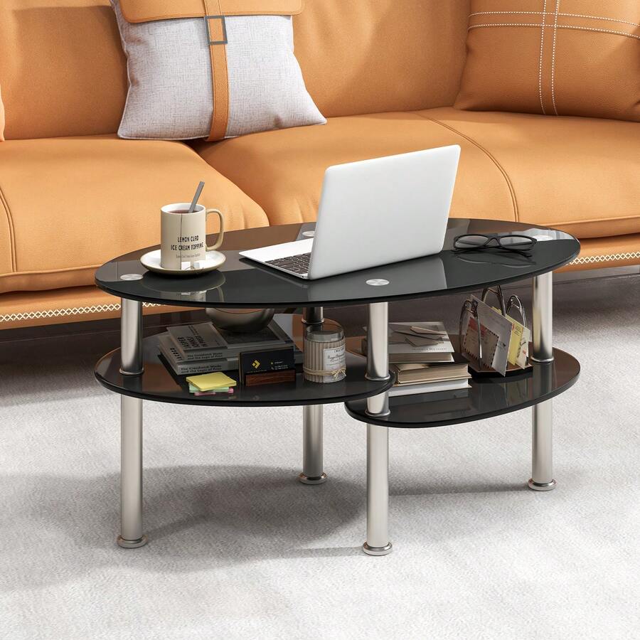 Tempered Glass Oval Side Coffee Table with Shelf Base, Living Room Center Table, Modern Tempered Glass Coffee Table for Home Decor