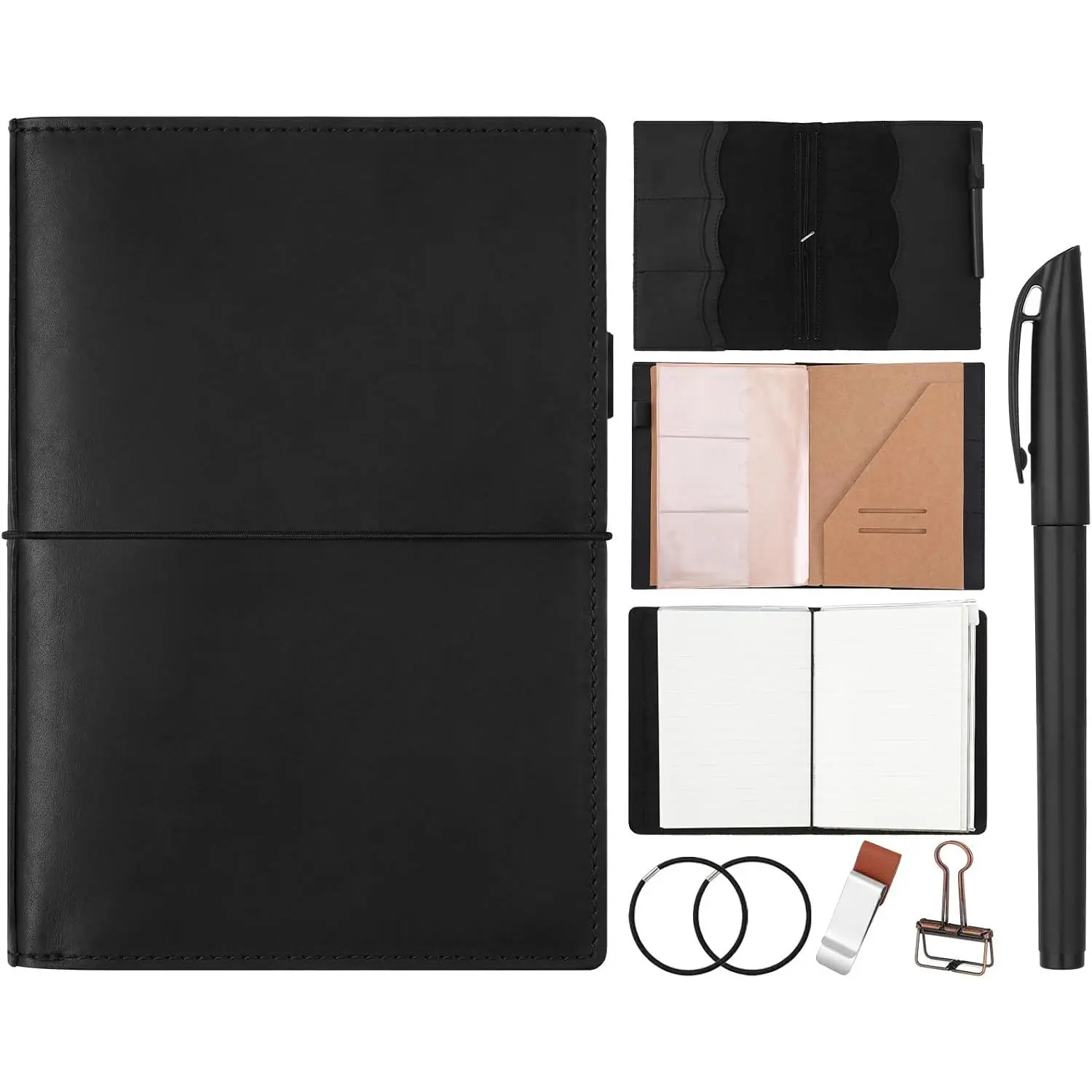 Handmade Look Leather A5 Travelers Journal Notebook Cover for Men - with Inner Pockets, Card Slots, Pen Holder, Inserts, PVC Folder, Binder Clip, Elastic Bands (Black)