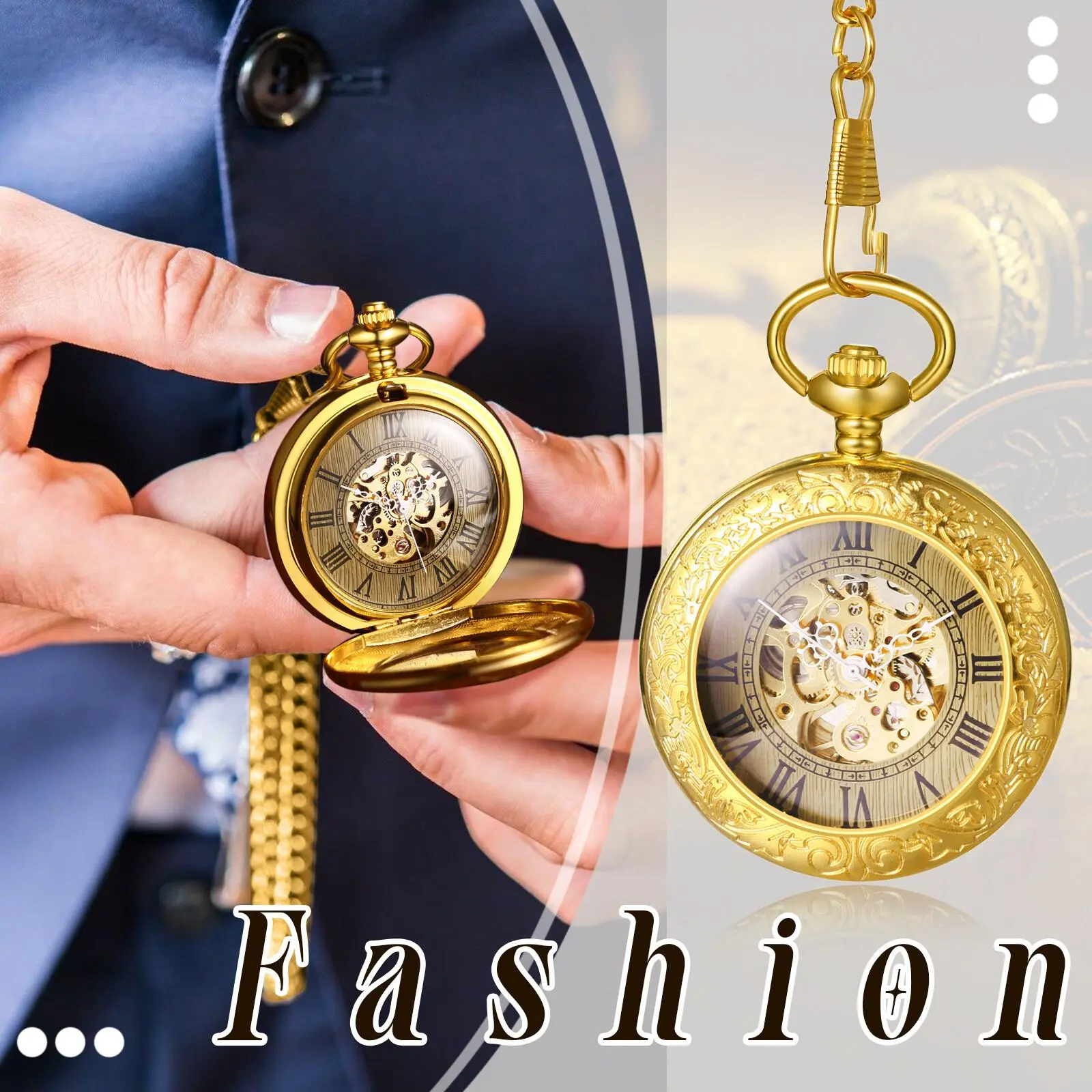 Unisex Luxury Gold-Tone Transparent Automatic Mechanical Pocket Watch, Roman Numerals Dial, Collectibles, Glamorous Clean Simple Casual Chain Fob Watch, Clean Simple Pocket & Fob Watches