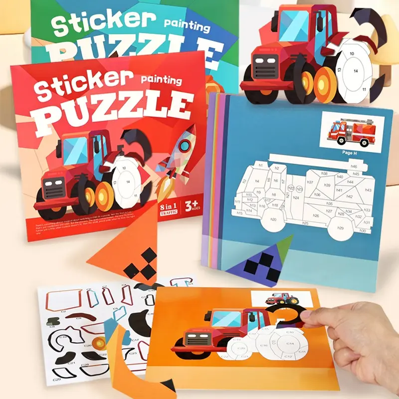 Children 3D Geometric Sticker Puzzle, Creative Multi-Theme DIY Cartoon Sticker Books, Portable Quiet Busy Paste Book Collage Stickers, Puzzle Sticker Toy Gifts for Kids